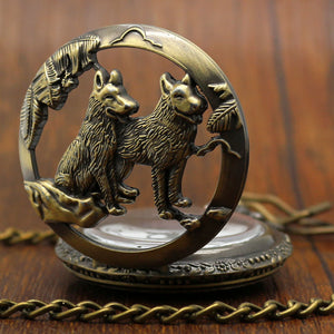 Pocket Watch Bronze Wolf Dog Hollow Necklace
