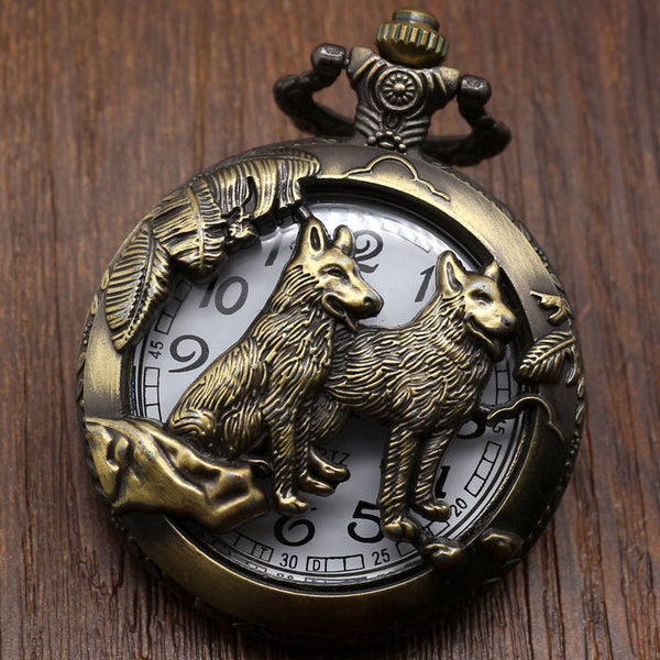 Pocket Watch Bronze Wolf Dog Hollow Necklace