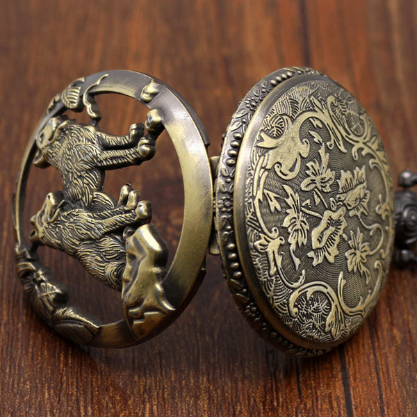 Pocket Watch Bronze Wolf Dog Hollow Necklace